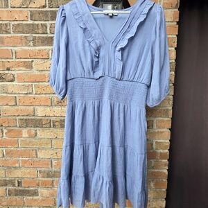 Elegant Blue Midi Dress with Ruffle Details